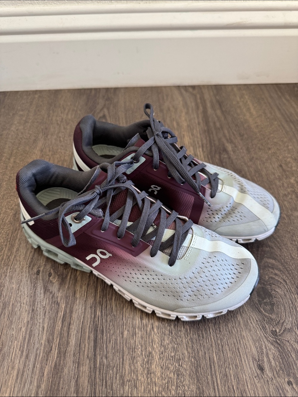 On Cloudflow Two-Tone Maroon and Light Gray Women's Running Shoes
